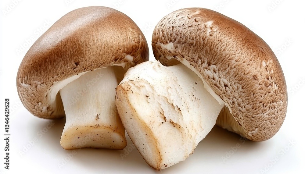 Fototapeta premium Two Freshly Harvested Brown Mushrooms, Agaricus Bisporus, Isolated on White Background.