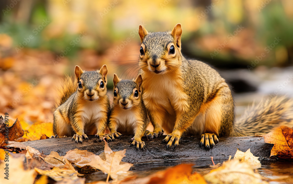Squirrel family with playful baby squirrels on log surrounded by autumn leaves, showcasing heartwarming moment in nature Squirrel family with playful baby squirrels on log surrounded by autumn leaves, showcasing heartwarming moment in nature