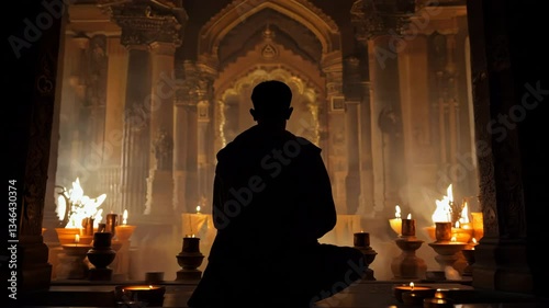 Serene Monk Meditation in Dimly Lit Temple Surrounded by Candles and Spiritual Architecture
