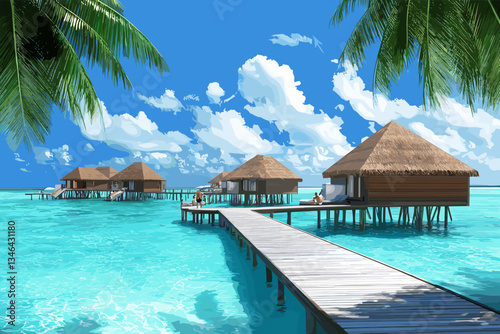 Luxury tropical resort with overwater bungalows and a wooden pier. Crystal-clear turquoise water, palm trees, and a bright blue sky create a dreamy island paradise