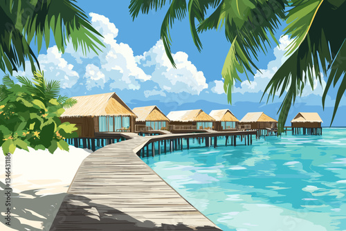 Tropical paradise with a wooden pier leading to luxury overwater bungalows. Crystal-clear turquoise water, palm trees, and blue sky create a serene vacation atmosphere