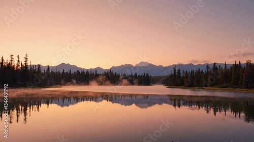 Serene sunrise over tranquil lake, reflecting misty mountains and trees in peaceful harmony.