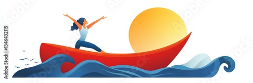 Woman practicing yoga on a vibrant red boat during sunset over calm ocean waves in a serene coastal setting