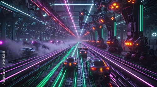 Obraz na płótnie Illuminated by vibrant neon lights, a fleet of autonomous cars moves along assembly lines in a futuristic automotive factory, guided by robotic arms and drones. Issue of human jobs being replaced w salonie
