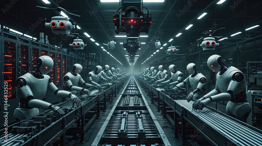 Rows of robots with glowing eyes working on an assembly line in a futuristic, neon-lit factory, showcasing automation and advanced technology. Issue of human jobs being replaced