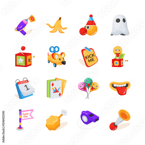 Creatively designed 3d collection depicting april day pranks and humour icons