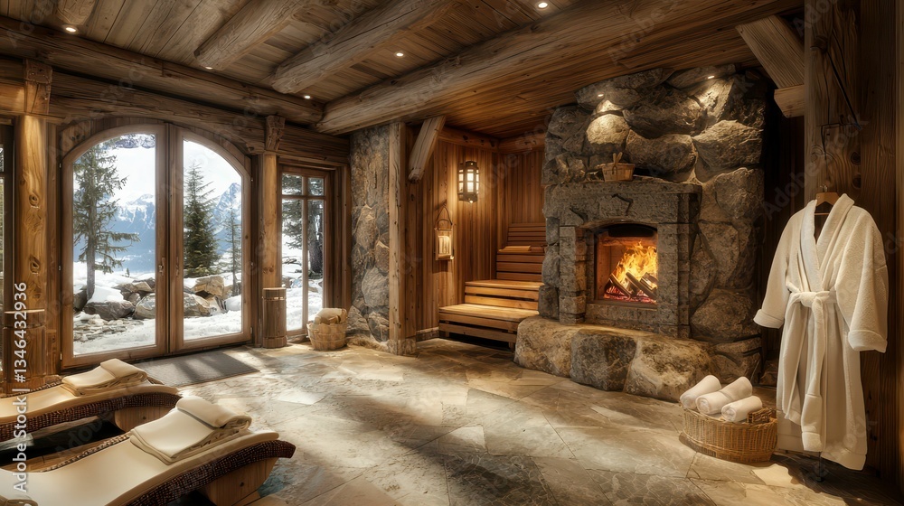 Fototapeta premium Cozy Mountain Retreat with Rustic Design and Warm Fireplace