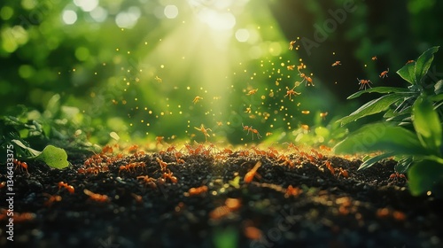 Ants swarming, sunlight, forest floor, nature, spring