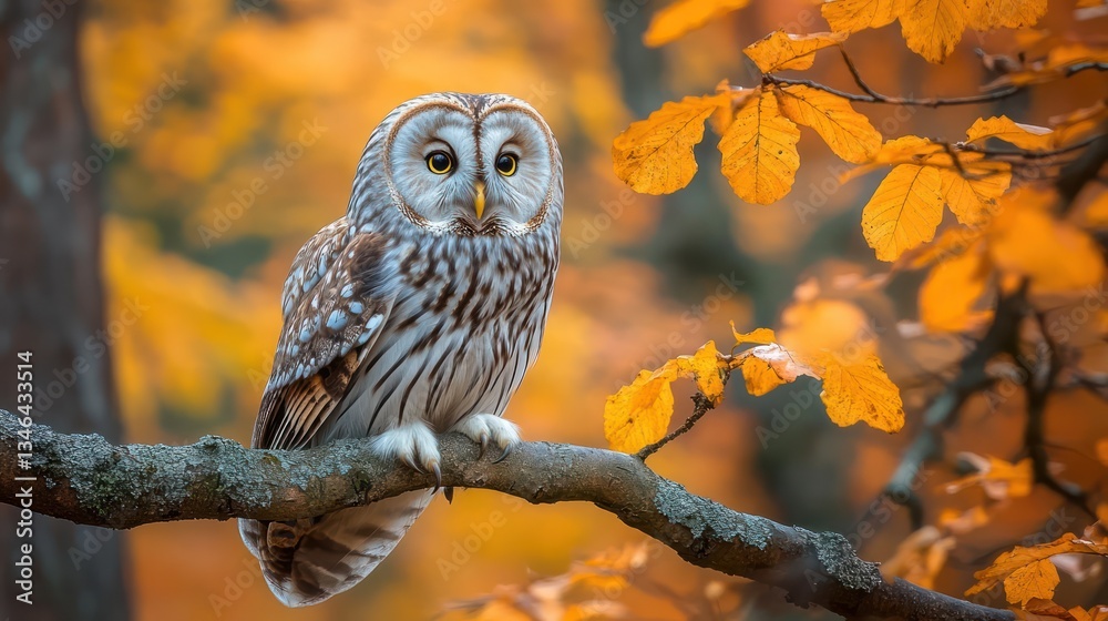 Obraz premium Ural Owl perched on branch, autumn forest, golden leaves, wildlife photography, nature poster