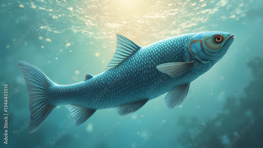 Fish swimming near the surface. Colorful fish in clear water. Ultrarealistic underwater scene. Beautiful aquatic life illustration. Fish swimming near the surface. Colorful fish in clear water. Ultrarealistic underwater scene. Beautiful aquatic life illustration.