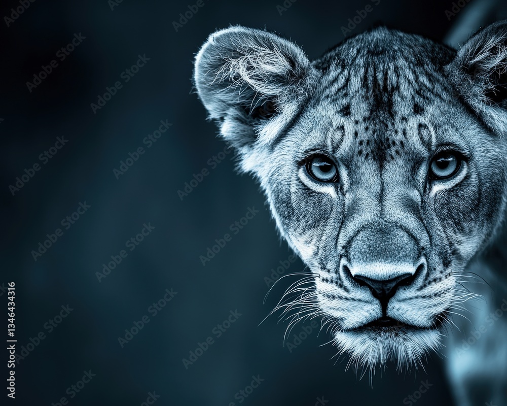 Naklejka premium A high-contrast monochrome close-up of a lion intense gaze.