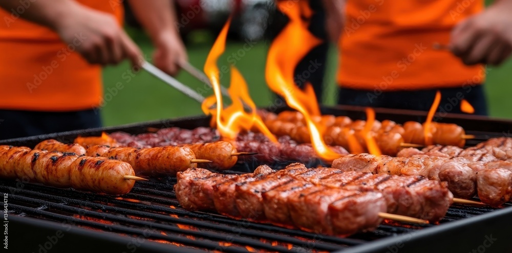 Naklejka premium Delicious BBQ skewers featuring beef, pork, and sausages sizzling over hot charcoal for a perfect summer feast.
