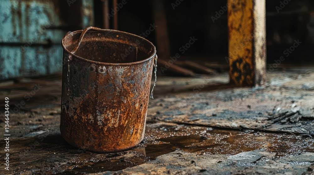 Rusty Bucket on Wet Floor in Abandoned Industrial Space Rusty Bucket on Wet Floor in Abandoned Industrial Space