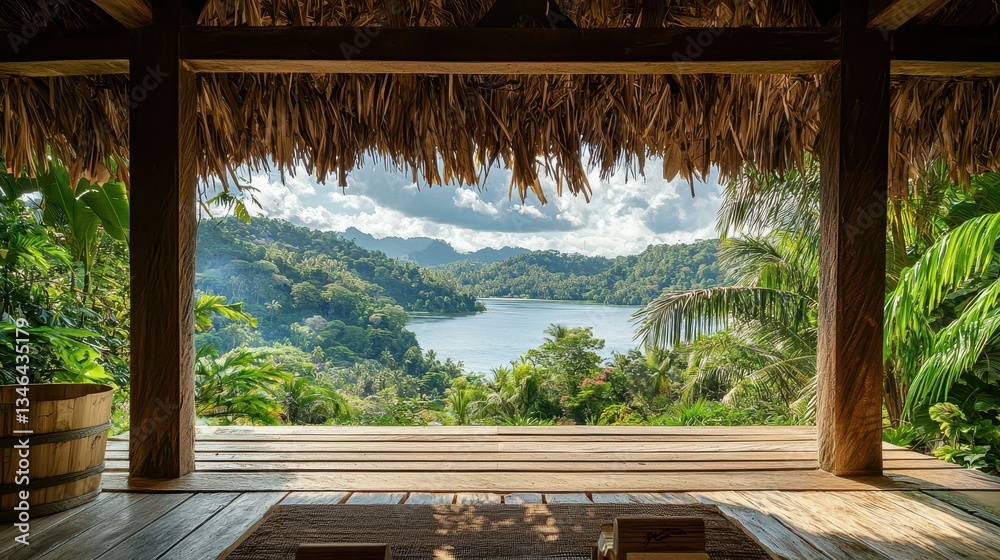 Fototapeta premium Serene View from Tropical Patio Overlooking Lush Lake and Mountains