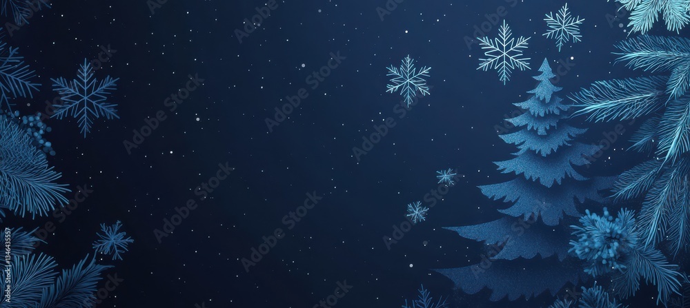 Blue Christmas background with snowflakes and Christmas tree