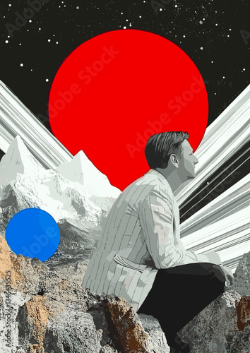 Man in striped suit sitting on rocks with cosmic background and colorful shapes