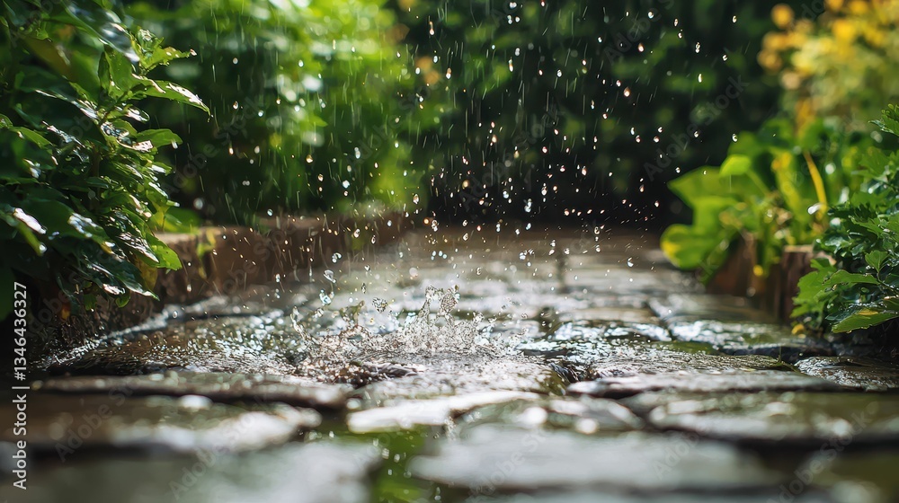 Fototapeta premium Gentle Rainfall on a Cobblestone Pathway in Vibrant Garden Setting
