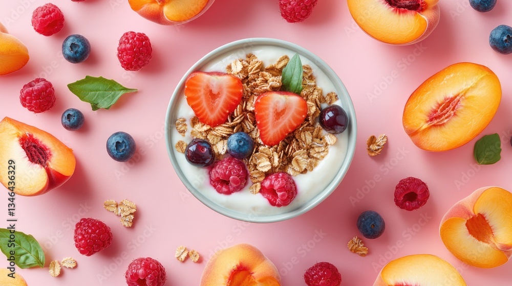 A bowl of yogurt with granola and fresh berries on a soft peach background A bowl of yogurt with granola and fresh berries on a soft peach background