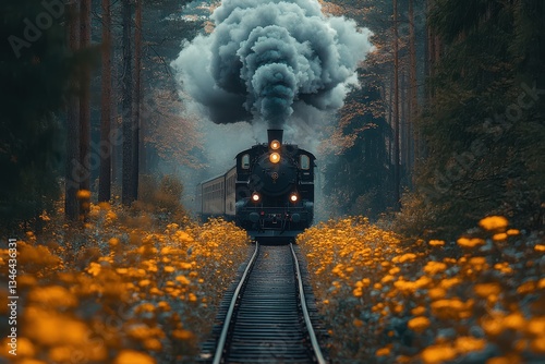 Black Steam Train in a Forest with Yellow Flowers.