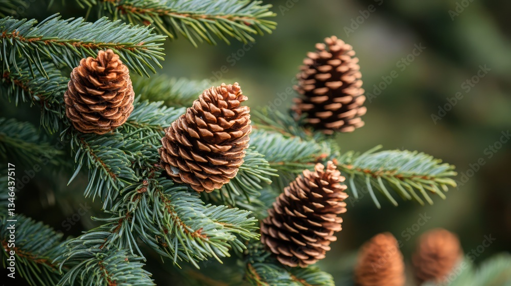 Fototapeta premium Forest spruce branch, mature pine cones, bokeh background, nature texture, holiday card