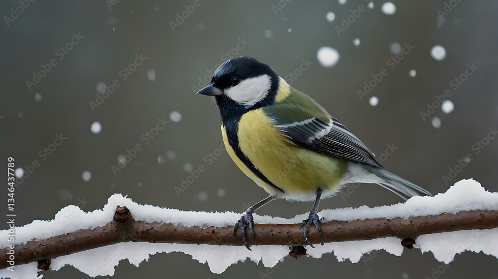 Naklejka premium Great Tit Perched on Snowy Branch During Winter Snowfall Scene