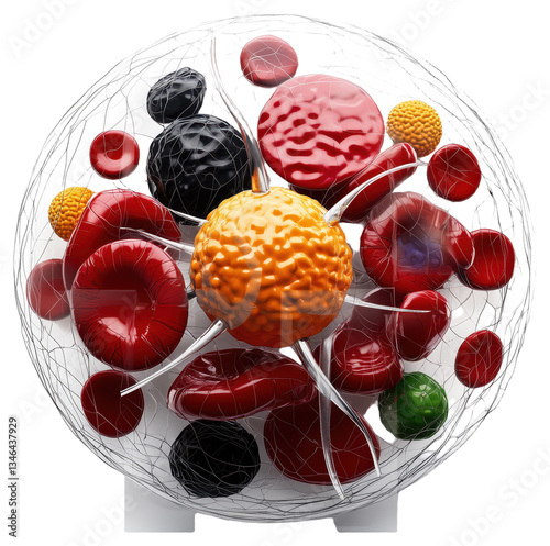 3D representation of a viral structure with colorful cell components