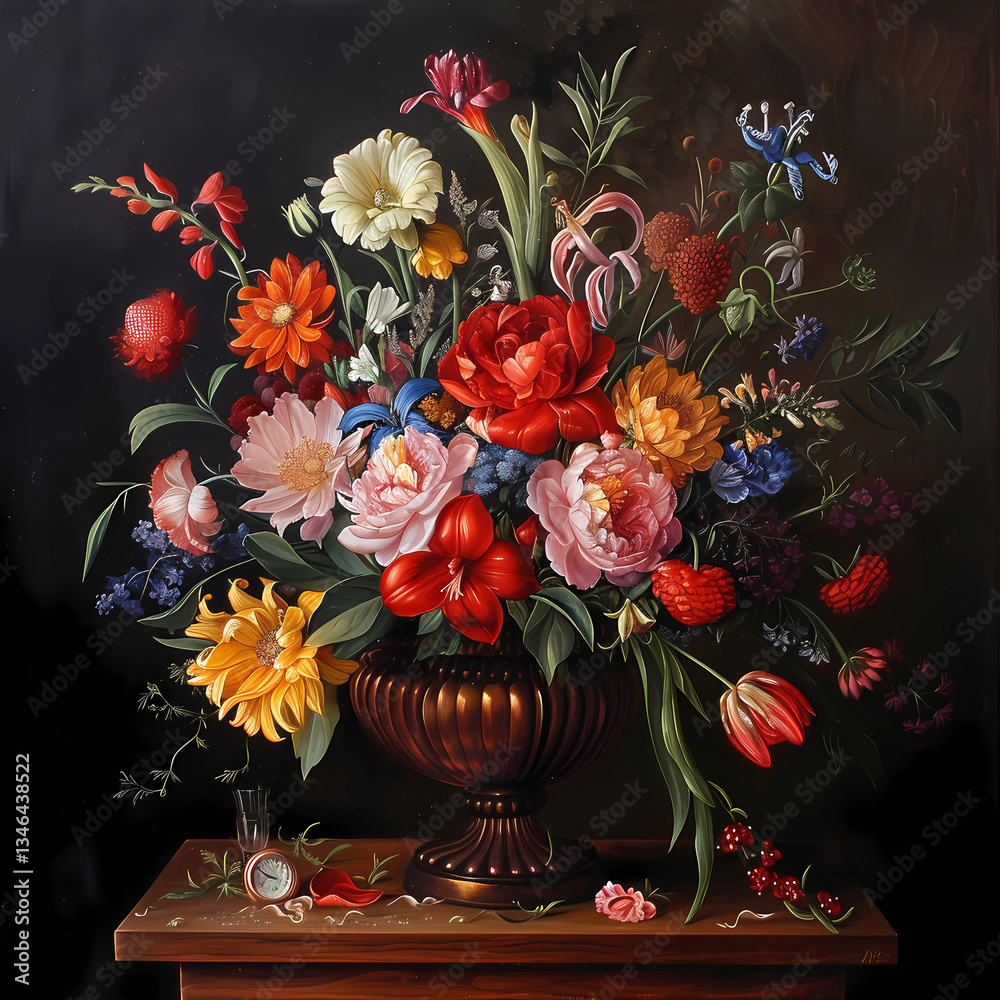 Fototapeta premium Summer floral arrangement in a copper vase vintage style oil on canvas dark background