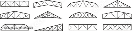 Roof metal truss construction icons set outline styles. Roofing steel frame. Vectors architectural blueprint. Elements for rafter. Illustration for engineering sign isolated on transparent background.
