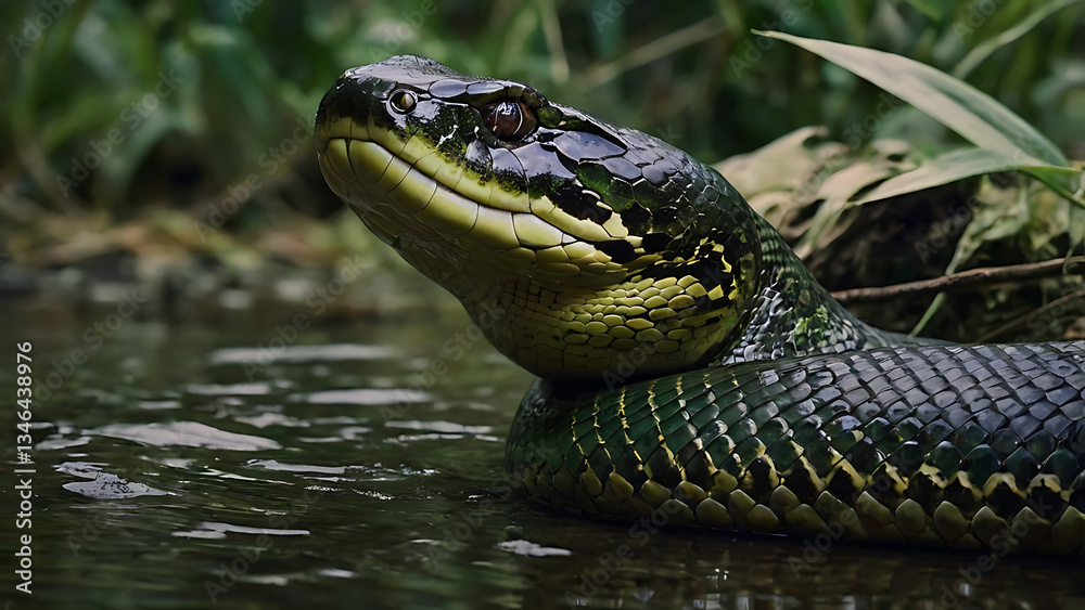 Fototapeta premium Green Snake in Water with Detailed Scales and Natural Background