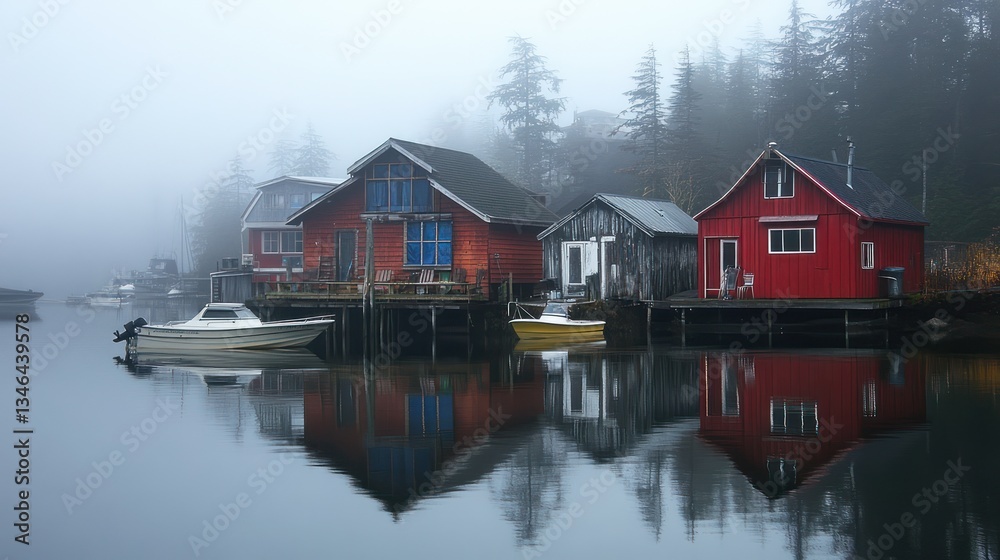 Fototapeta premium Foggy fjord, red houses, boat, calm water, autumnal trees, Norway, reflection, postcard