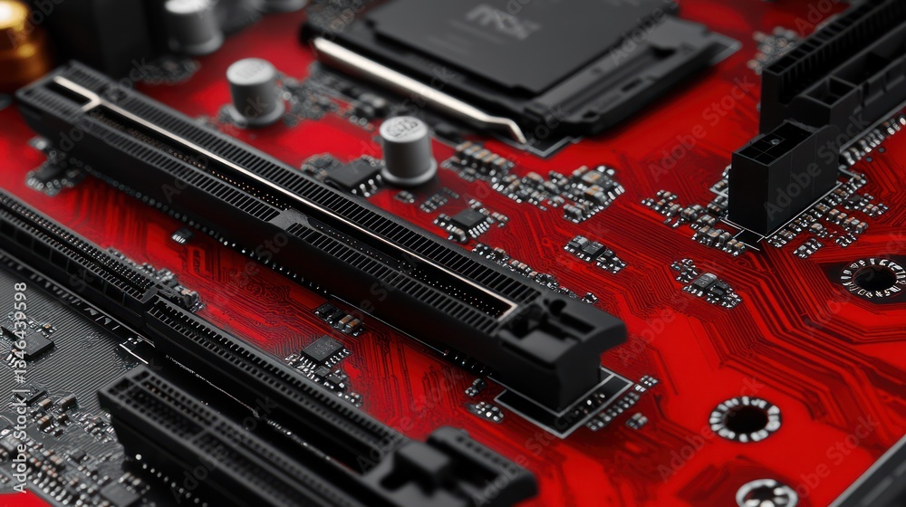 Red computer motherboard closeup, PCI-e slot, circuit board, tech background, website banner Red computer motherboard closeup, PCI-e slot, circuit board, tech background, website banner