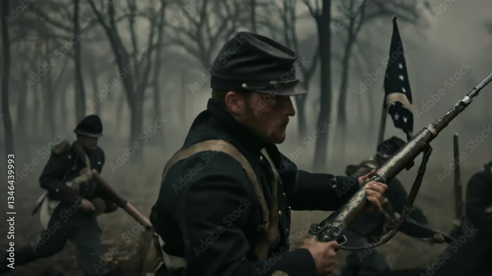 American Civil War reenactment: Soldier in Union uniform with rifle in misty forest. Historical recreation for Memorial Day, Veterans Day, education