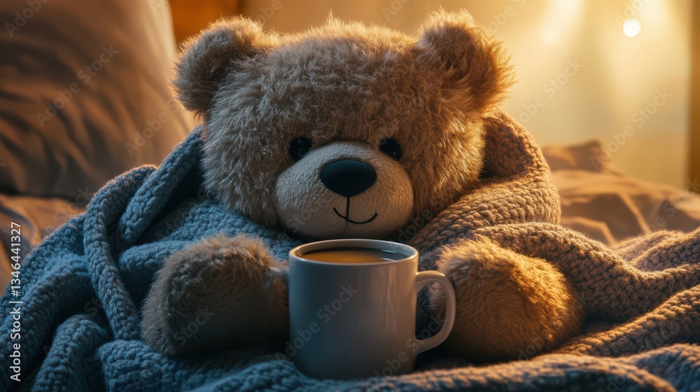 Cute teddy bear with cozy blanket and coffee with blurred background .