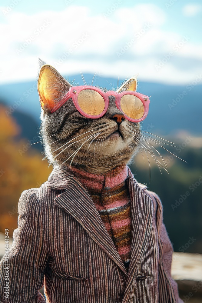 Elegant cat posing against blurred mountain scenery.