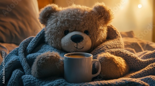 Cute teddy bear with cozy blanket and coffee with blurred background .