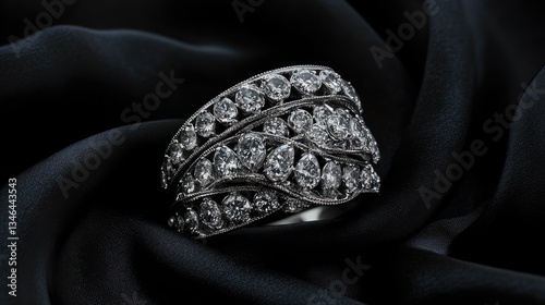 A lavish multi-stone diamond ring casting a brilliant sparkle on a deep black satin cloth