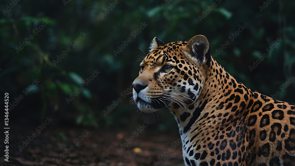 Fototapeta premium Jaguar Portrait Looking Sideways in Jungle Habitat Wild Animal Theme