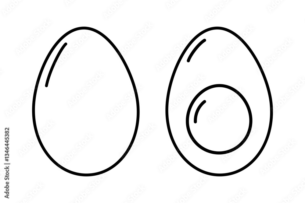 Whole and Half hard boiled eggs with yolk Linear Pictogram Minimalistic design element concept Set 2 Whole and Half hard boiled eggs with yolk Linear Pictogram Minimalistic design element concept Set 2