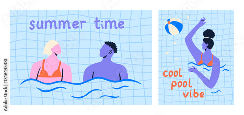 Set of a summer pool background. Man and womans swimming, diving. Summer colorful vector illustration for card, poster, design.