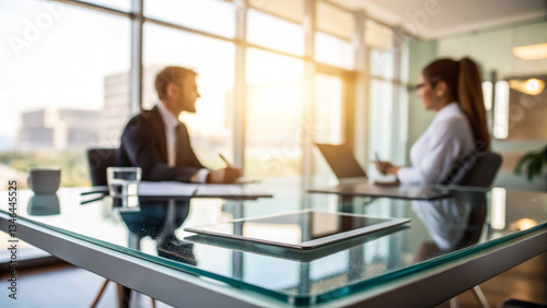 A business meeting in a bright office with panoramic windows and morning light