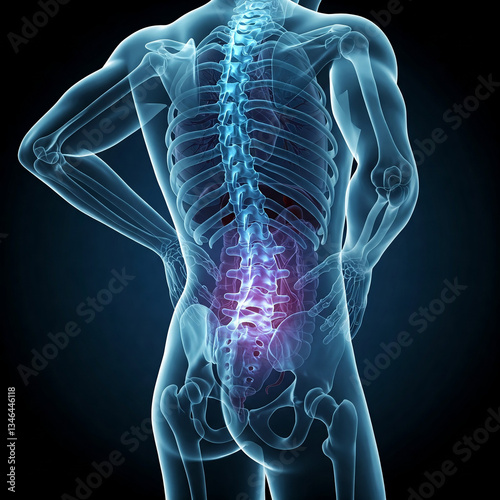3d rendered illustration of a human body anatomy. 3D render of a transparent human body with a glowing spine highlights lower back pain.