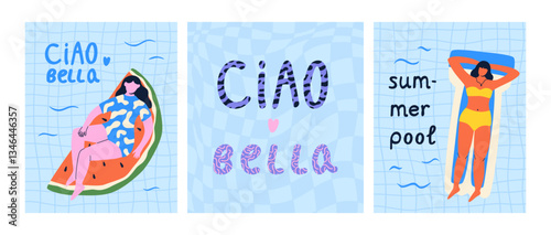 Women having fun in pool. Collection of colorful characters on swimming mattress. Ciao bella. Vector illustration for card, poster, design.