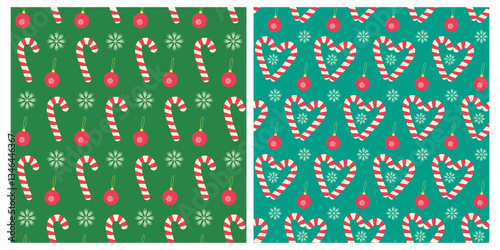 Striped Candy Canes heart shaped Snowflakes Christmas tree toy Seamless patterns on trendy green Set
