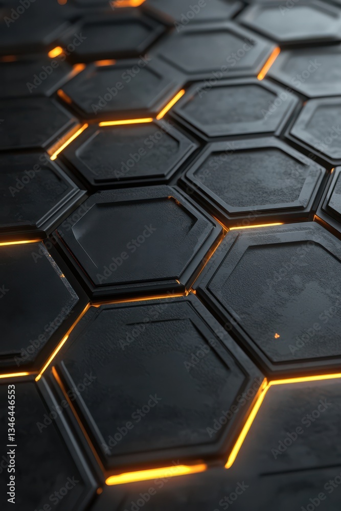 Abstract Futuristic 3D Background with Glowing Hexagons.