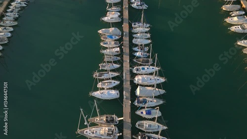 Top-down drone view of multiple sailboats moored neatly along a central pier in a calm marina. 