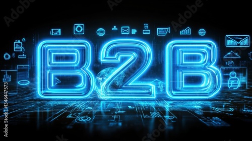 Neon Blue B2B Digital Icons with Glo Effect for Business Use