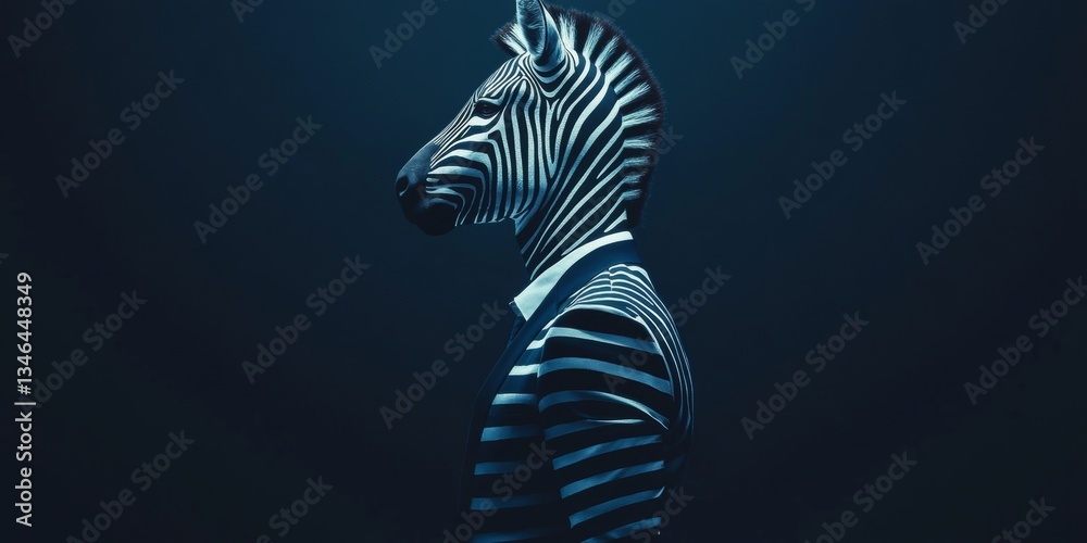 Fototapeta premium Zebra In The Shadows A Profile View Of An Anthropomorphic Zebra, Blending Animal And Human Traits