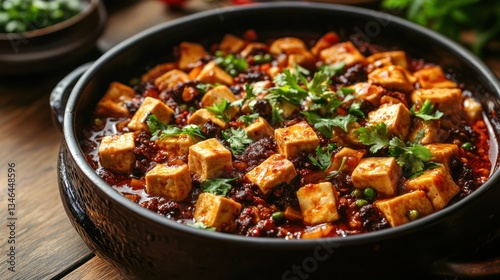 Spicy Tofu Stir-fry, Sichuan Cuisine, Wooden Table, Restaurant Setting