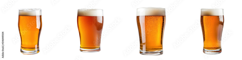 Four glasses filled with amber colored craft beer showcasing the rich color and foamy head that are characteristic of a traditional draft beer Four glasses filled with amber colored craft beer showcasing the rich color and foamy head that are characteristic of a traditional draft beer