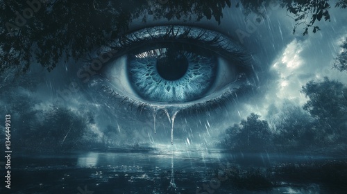 A surreal digital scene depicting a massive blue eye hovering over a stormy lake surrounded by rain and dark trees. The moody atmosphere and vivid eye create an ethereal, mysterious vibe.. AI